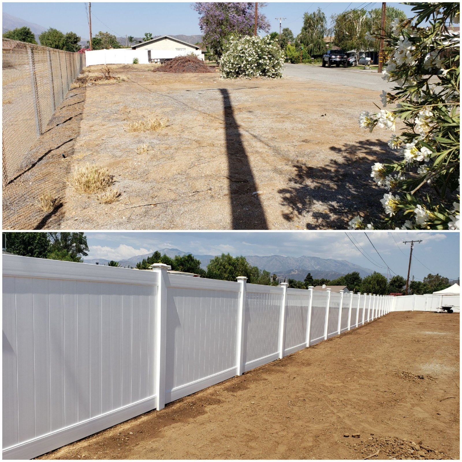 Before and after of a white vinyl privacy fence replacing old chain link in Yucaipa, CA
