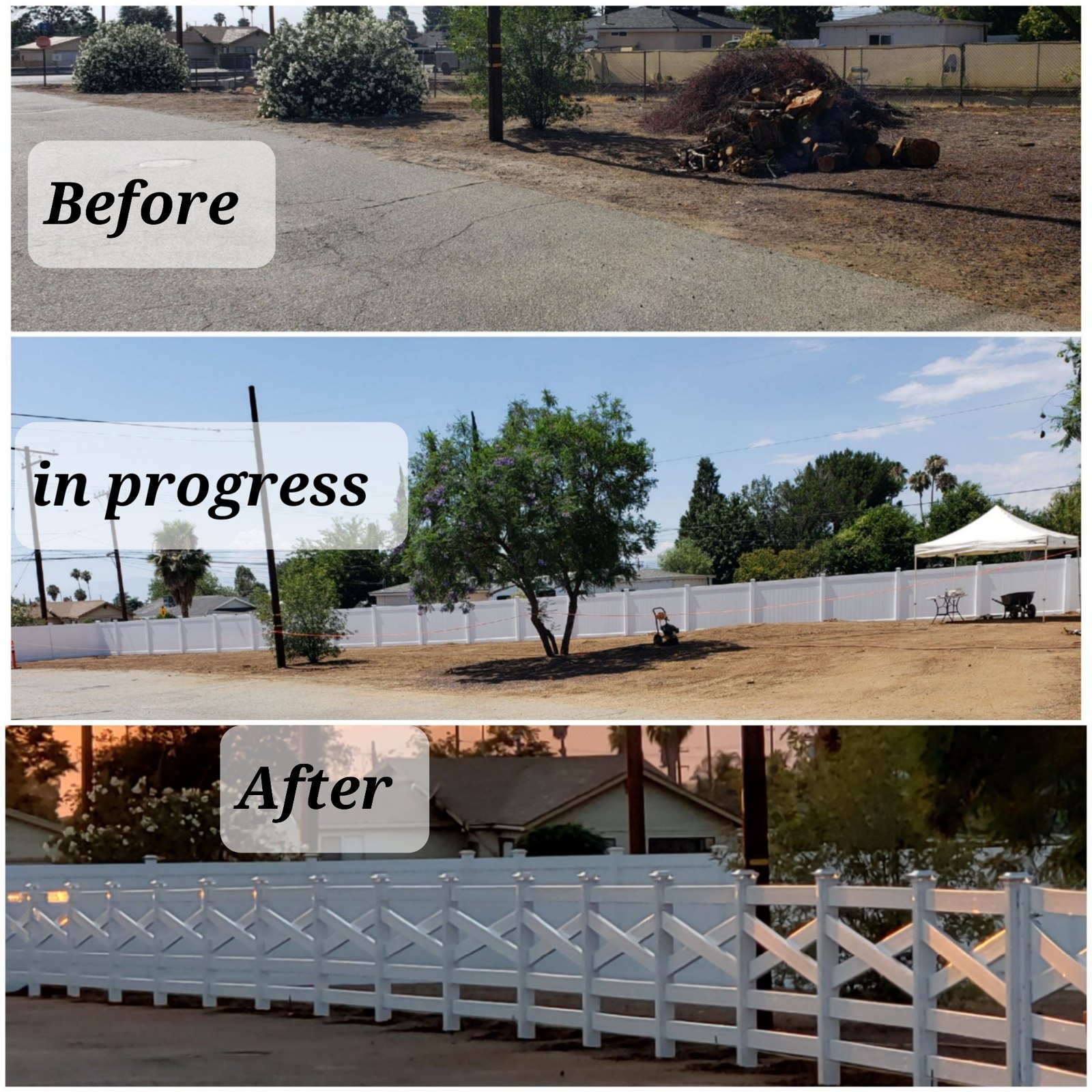 Before, in progress and after of a custom white ranch rail fence installation