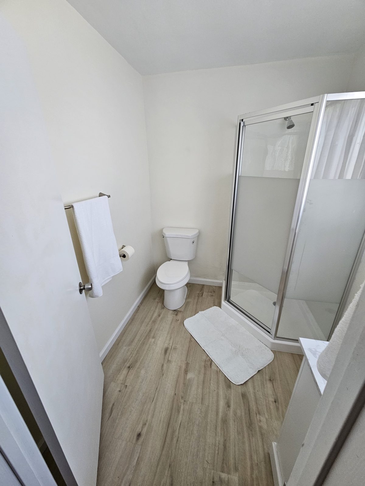 Finished bathroom remodel with new shower and vanity