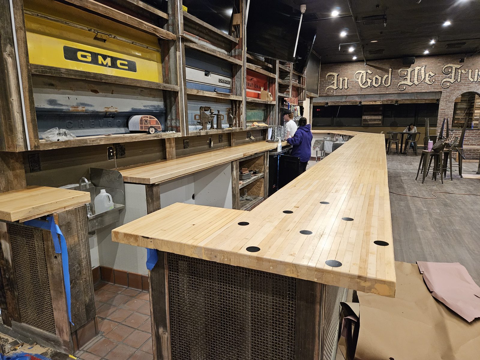 Custom countertop built from reclaimed bowling lane wood
